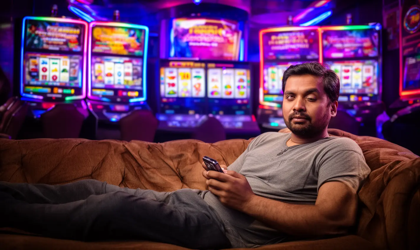 Stylish Bangladeshi man relaxing on a sofa while using the 63BD casino app surrounded by colorful slot machines and neon casino lights