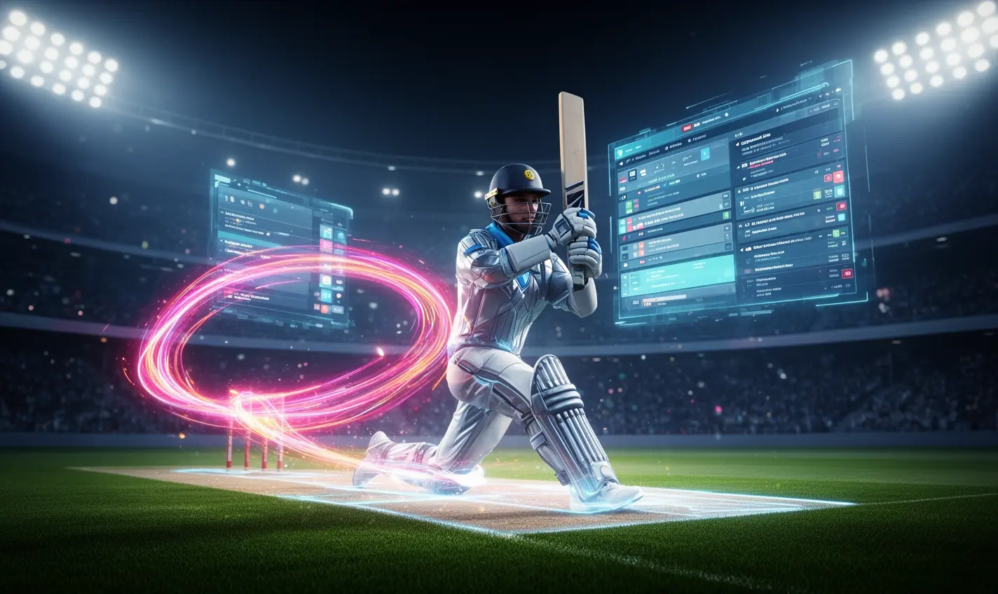Neon cricket player in motion with glowing trail and digital betting interface showing live odds on 63BD in Bangladesh