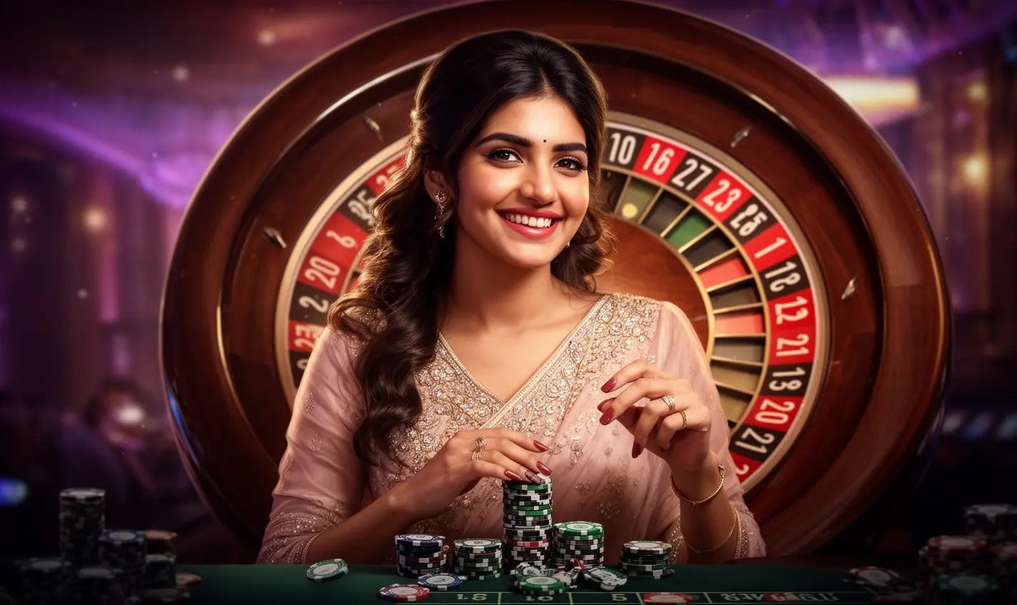 Elegant Bangladeshi woman holding casino chips with a glowing roulette wheel behind her showcasing the premium gaming atmosphere of 63BD casino bonus offers in Bangladesh