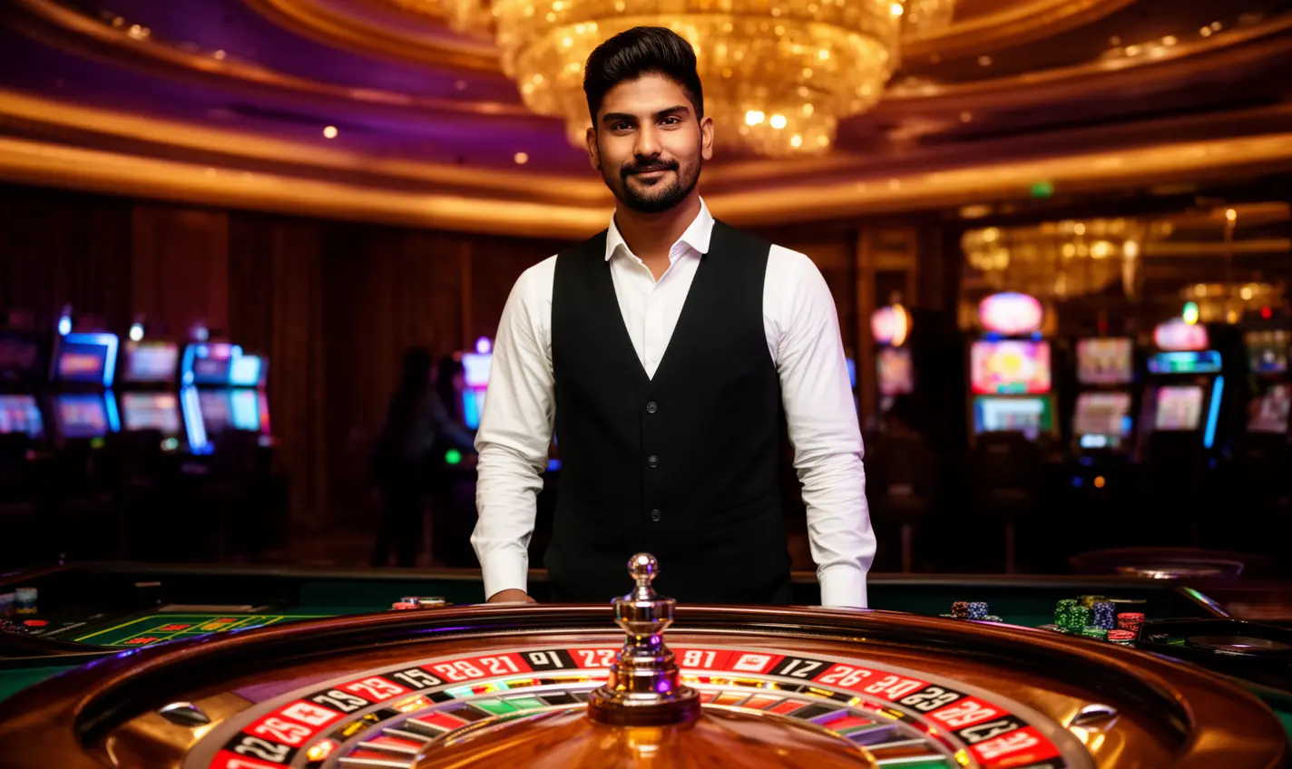 Confident casino dealer standing at a glowing roulette table with luxury lights overhead representing the premium online casino experience of 63BD in Bangladesh