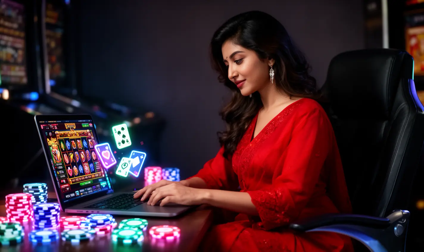 Focused female player enjoying online casino games on a laptop with glowing chips and cards around her at 63BD gaming platform in Bangladesh