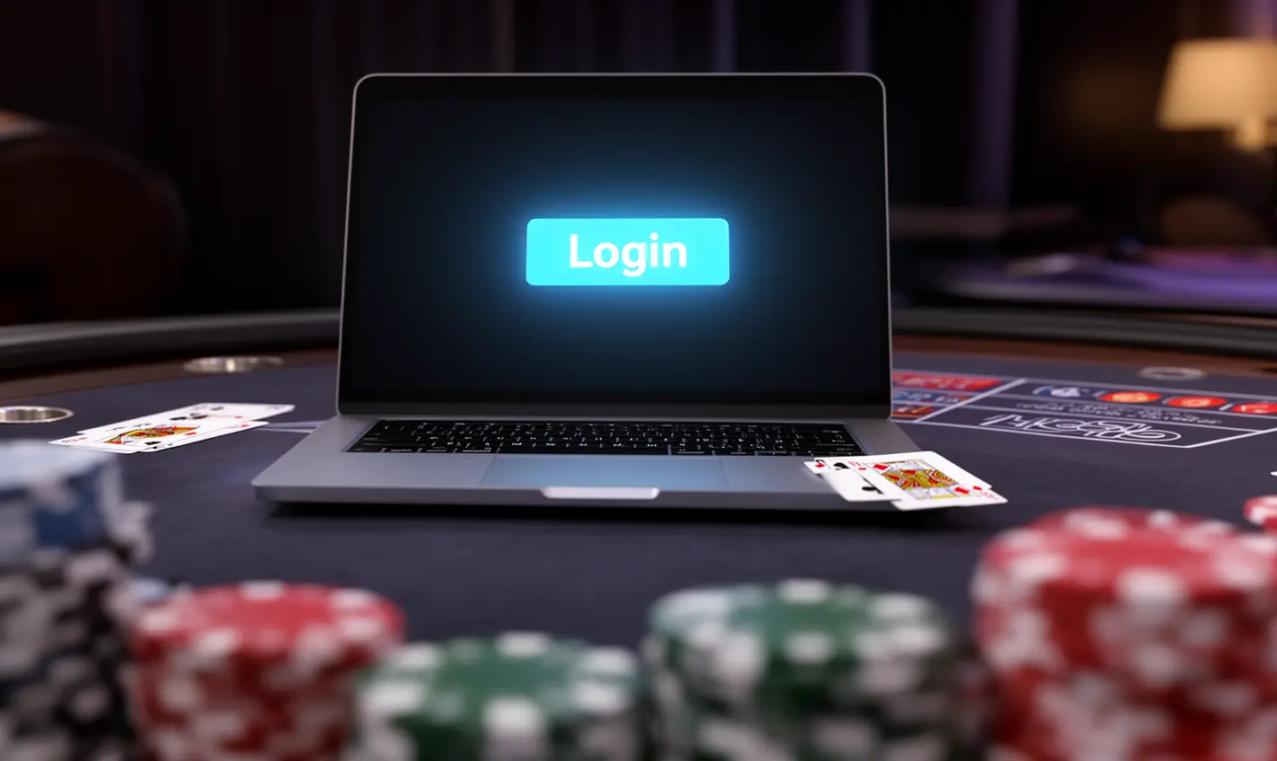 Modern laptop on a casino table with poker chips showing the 63BD login screen for secure access to online gaming in Bangladesh