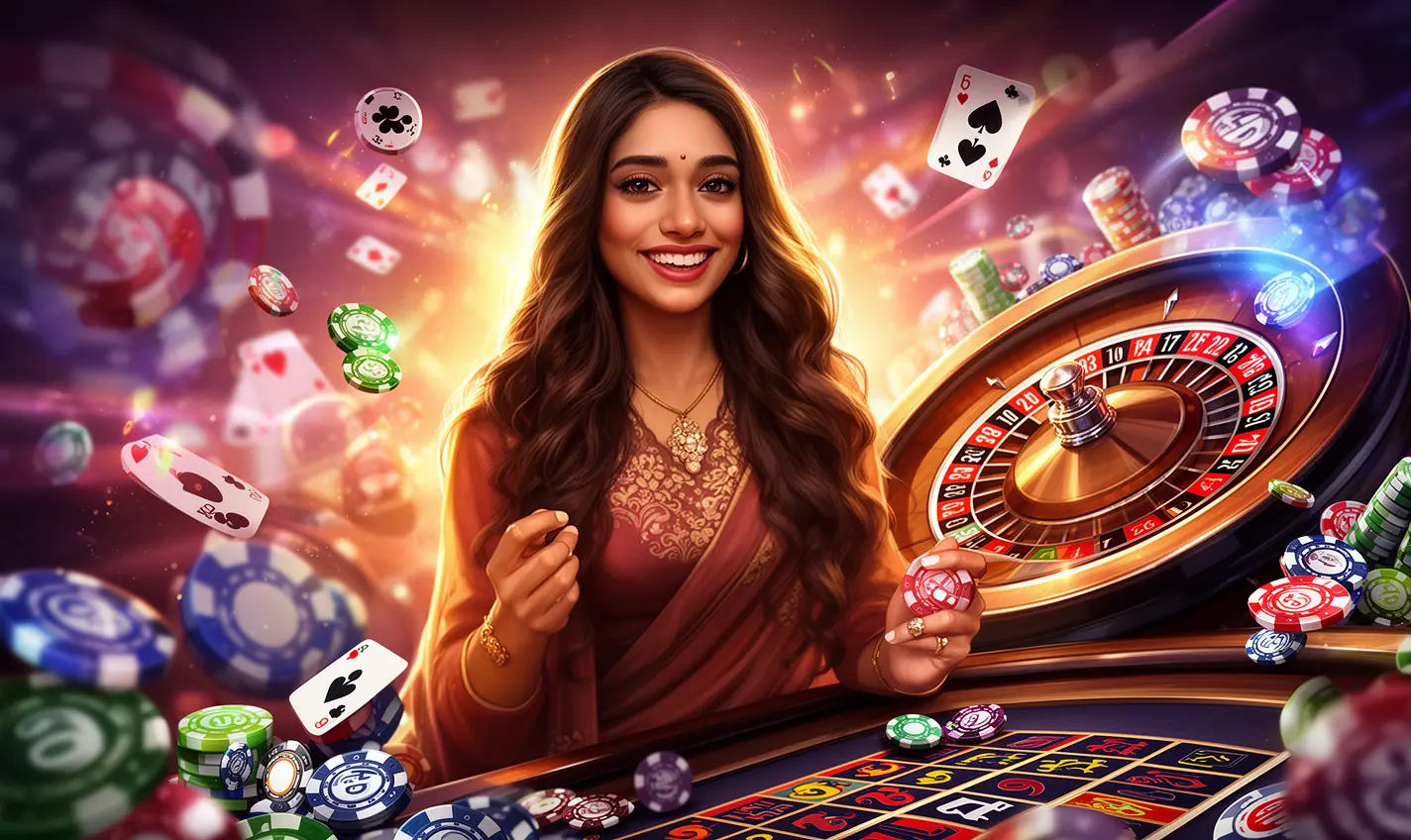 Confident Bangladeshi woman holding casino chips in front of a glowing roulette wheel representing high energy gaming at 63BD