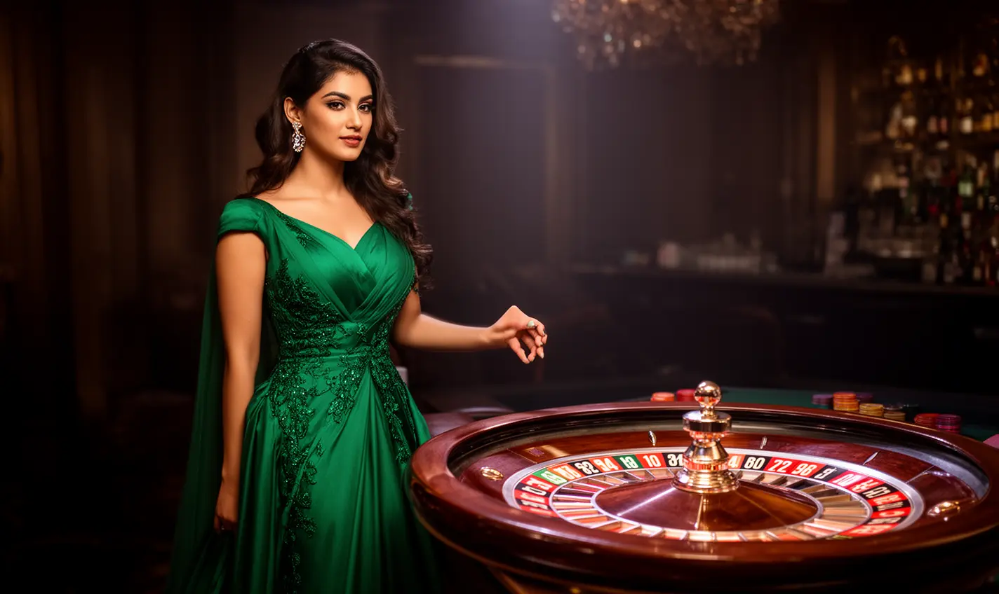 A confident casino hostess in an elegant green dress standing near a vibrant roulette wheel symbolizing high class gambling entertainment at 63BD in Bangladesh