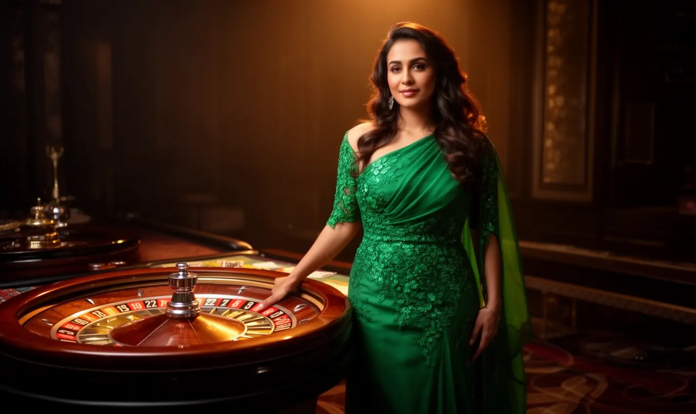 Confident casino model posing near a roulette wheel in a luxury gaming atmosphere showcasing the premium style of 63BD online casino in Bangladesh