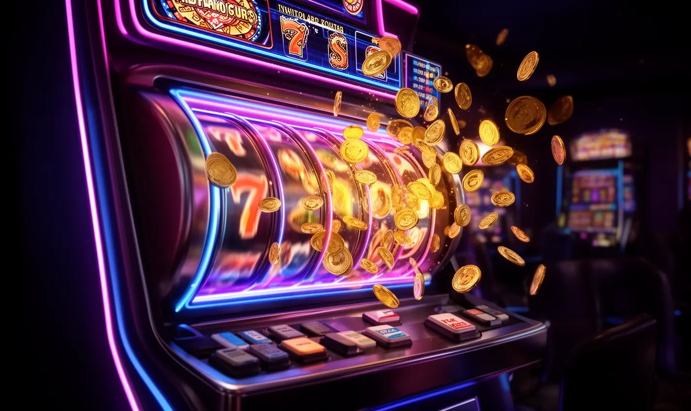 Stylish neon illuminated slot machine with spinning reels and scattered gold coins capturing the excitement of 63BD online casino games for players in Bangladesh
